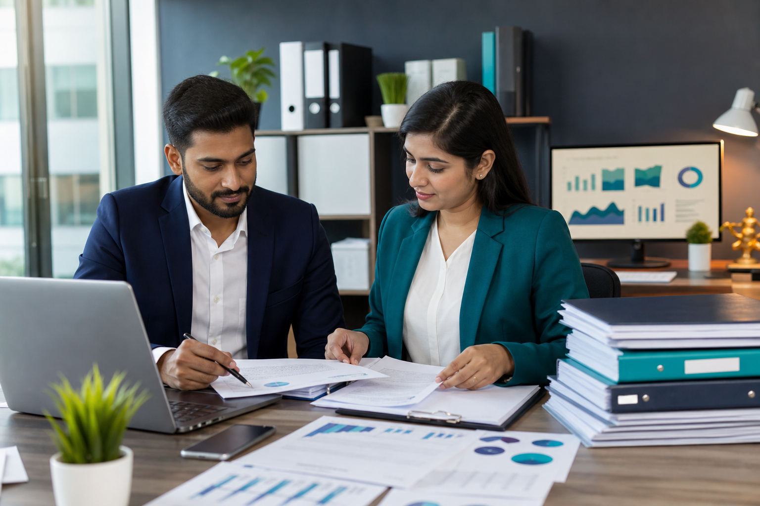 Tax compliance professionals reviewing business records