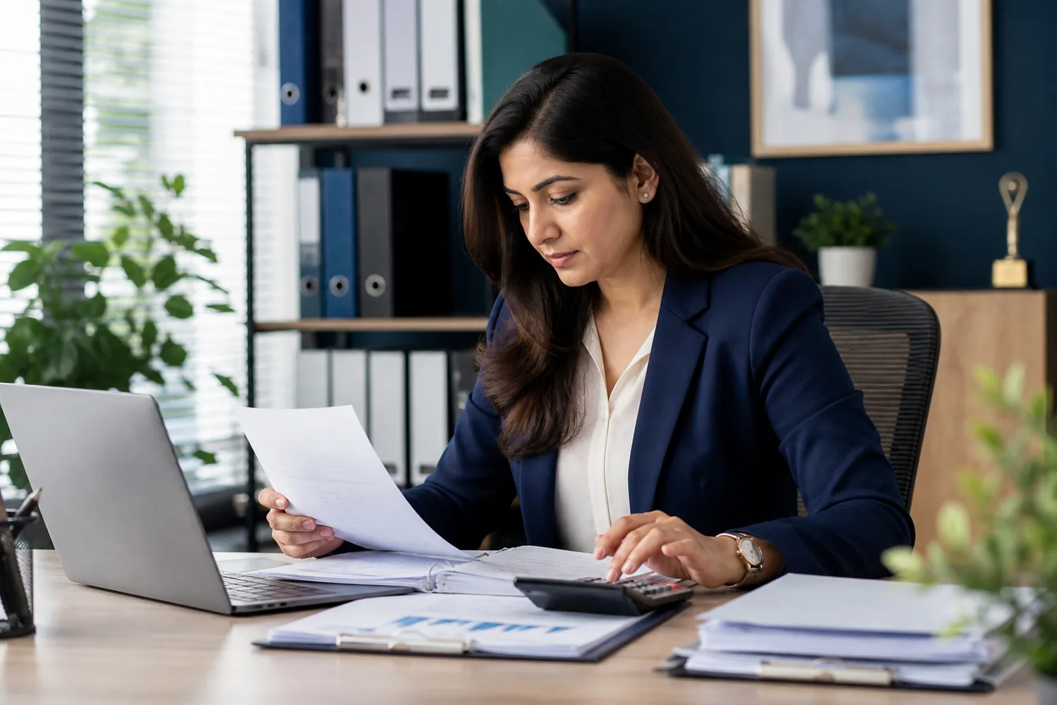 Tax advisor reviewing income tax documents
