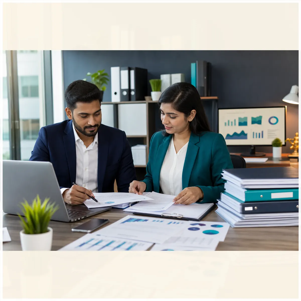 Compliance professionals reviewing business documents