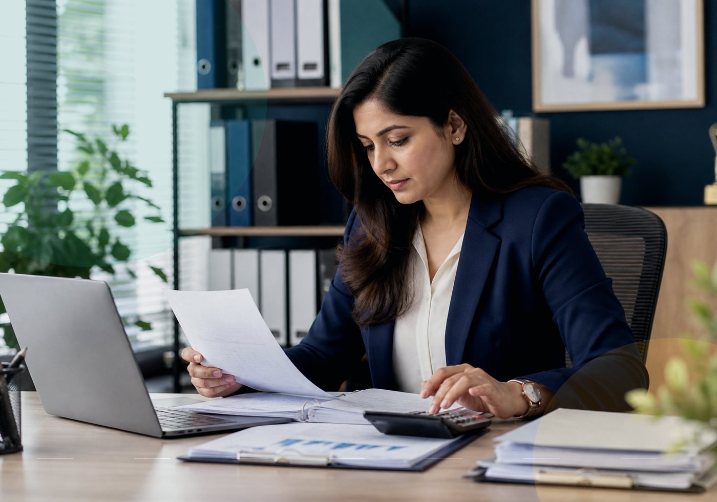 Income tax advisor reviewing documents at a desk