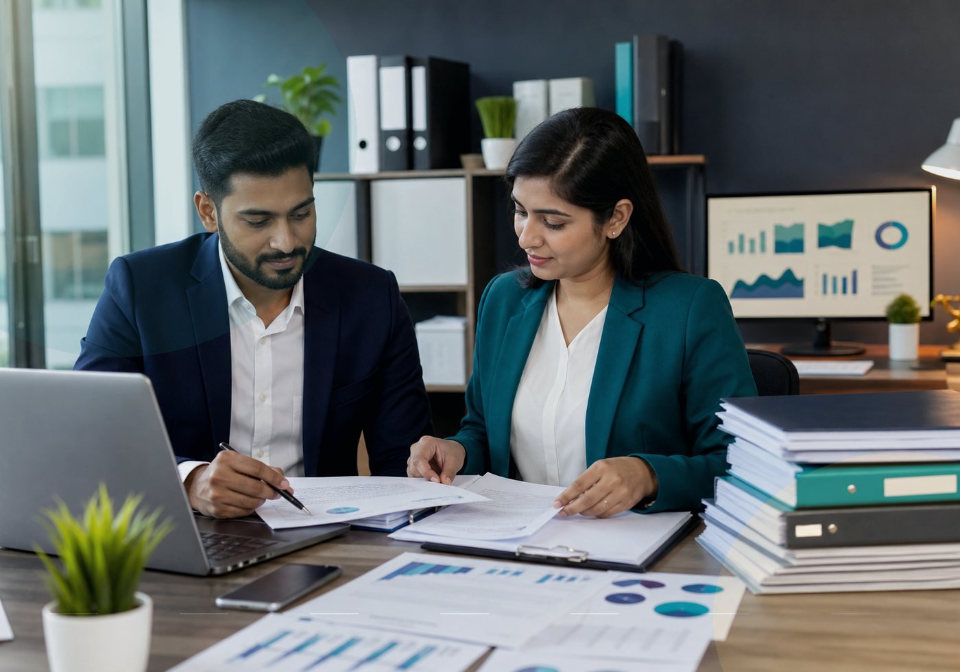 Tax compliance professionals reviewing business documents